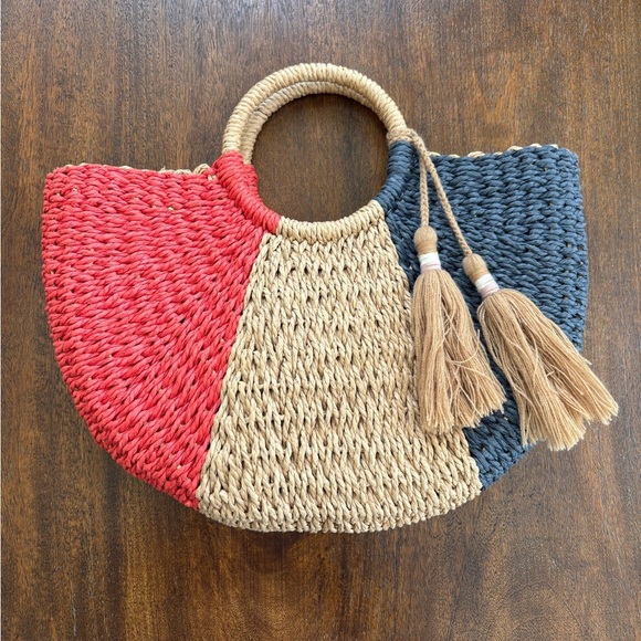 MERSEA Handbags - MERSEA - BON BON BAG - NAVY/RED - Summer Straw Bag with Tassels. Coastal
